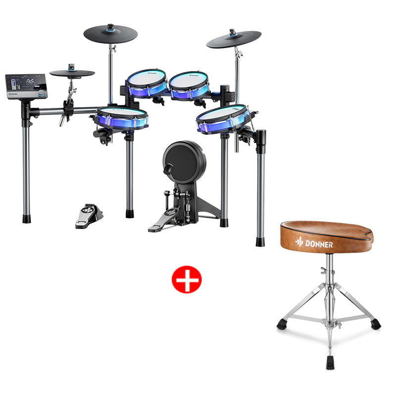 Donner BackBeat Elektronisches Schlagzeug E-Drum Set mit anpassbaren LED-Lichtern und 7-Zoll-Touchscreen, Backbeat + DT-50 Drum Throne von Donner