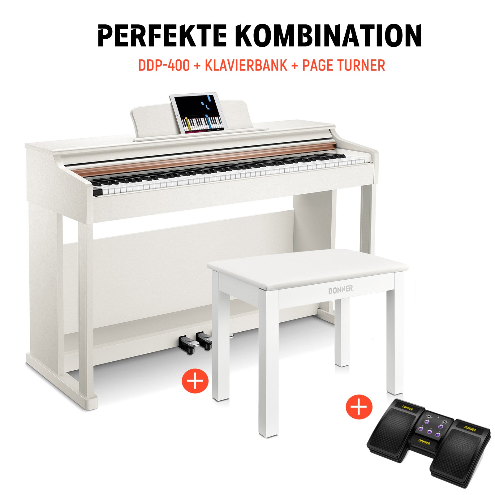 Donner DDP-100 Home Digitalpiano mit 88 Hammermechanik Tasten, Weiß / Piano + Klavierhocker + Page Turner von Donner