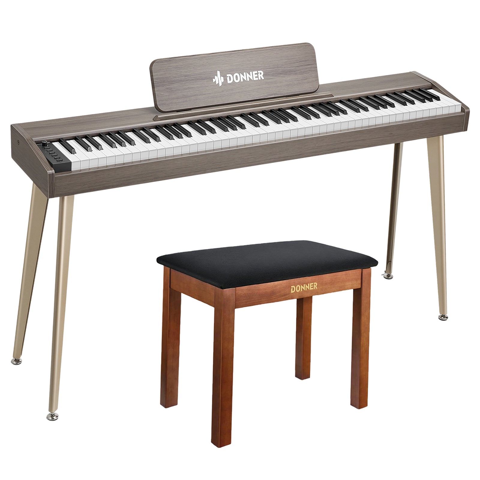 Donner DDP-60 E-piano Keyboard Holzstil Home Digitalpiano, Grau-Braun / Piano + Klavierbank Braun von Donner