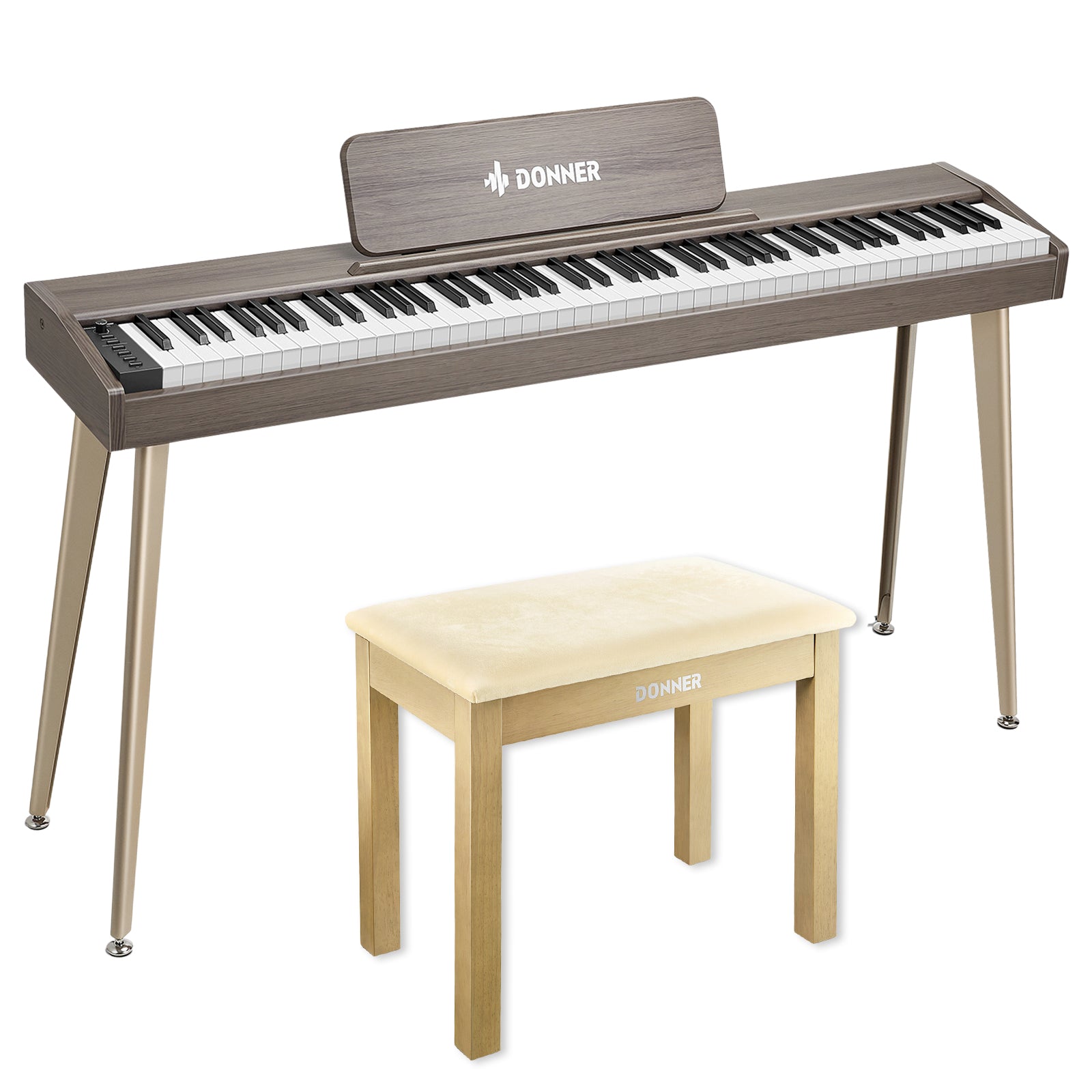 Donner DDP-60 E-piano Keyboard Holzstil Home Digitalpiano, Grau-Braun / Piano + Klavierbank Helles Holz von Donner