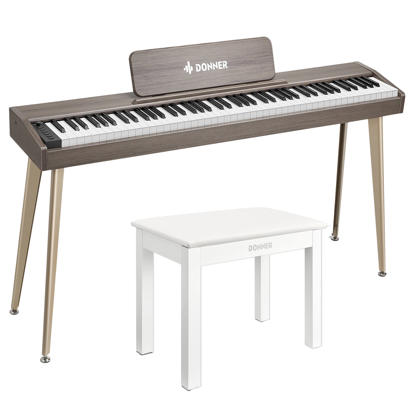 Donner DDP-60 E-piano Keyboard Holzstil Home Digitalpiano, Grau-Braun / Piano + Klavierbank Weißer von Donner