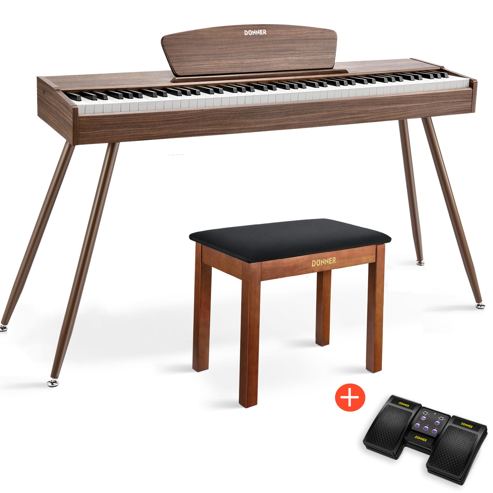 Donner DDP-80 Holzstil 88 Tasten Digitalpiano, Walnut / Piano + Brauner Klavierbank + Page Turner von Donner