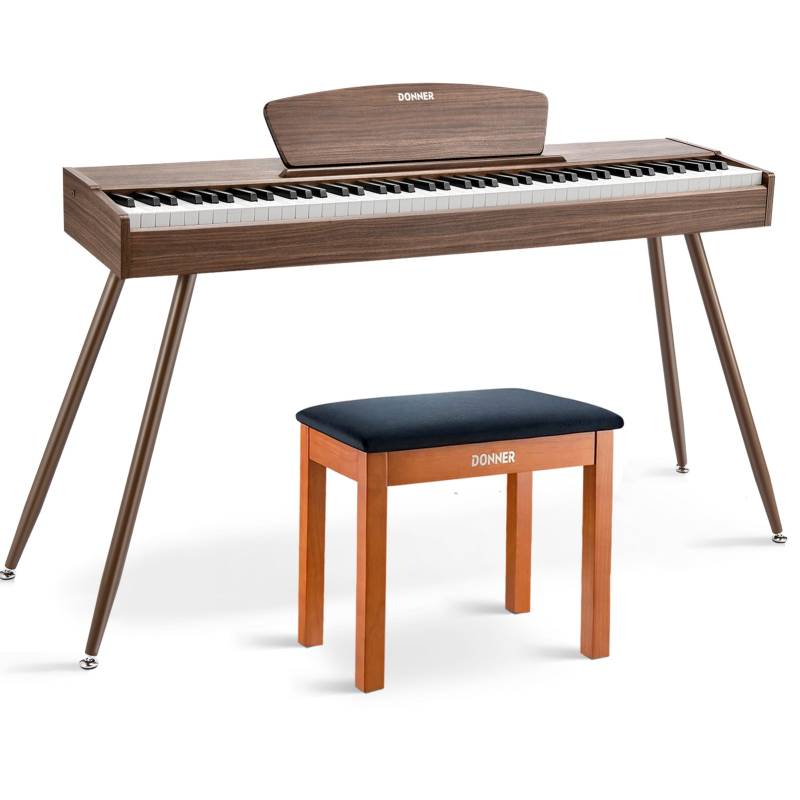 Donner DDP-80 Holzstil 88 Tasten Digitalpiano, Walnut / Piano + Hölzerner Klavierbank von Donner