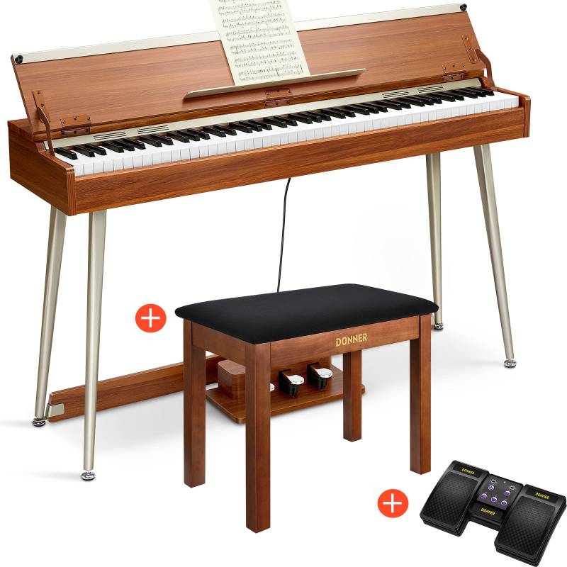 Donner DDP-80 Plus Epiano Keyboard Holzstil Digitalpiano, Piano + Brauner Klavierbank + Page Turner von Donner