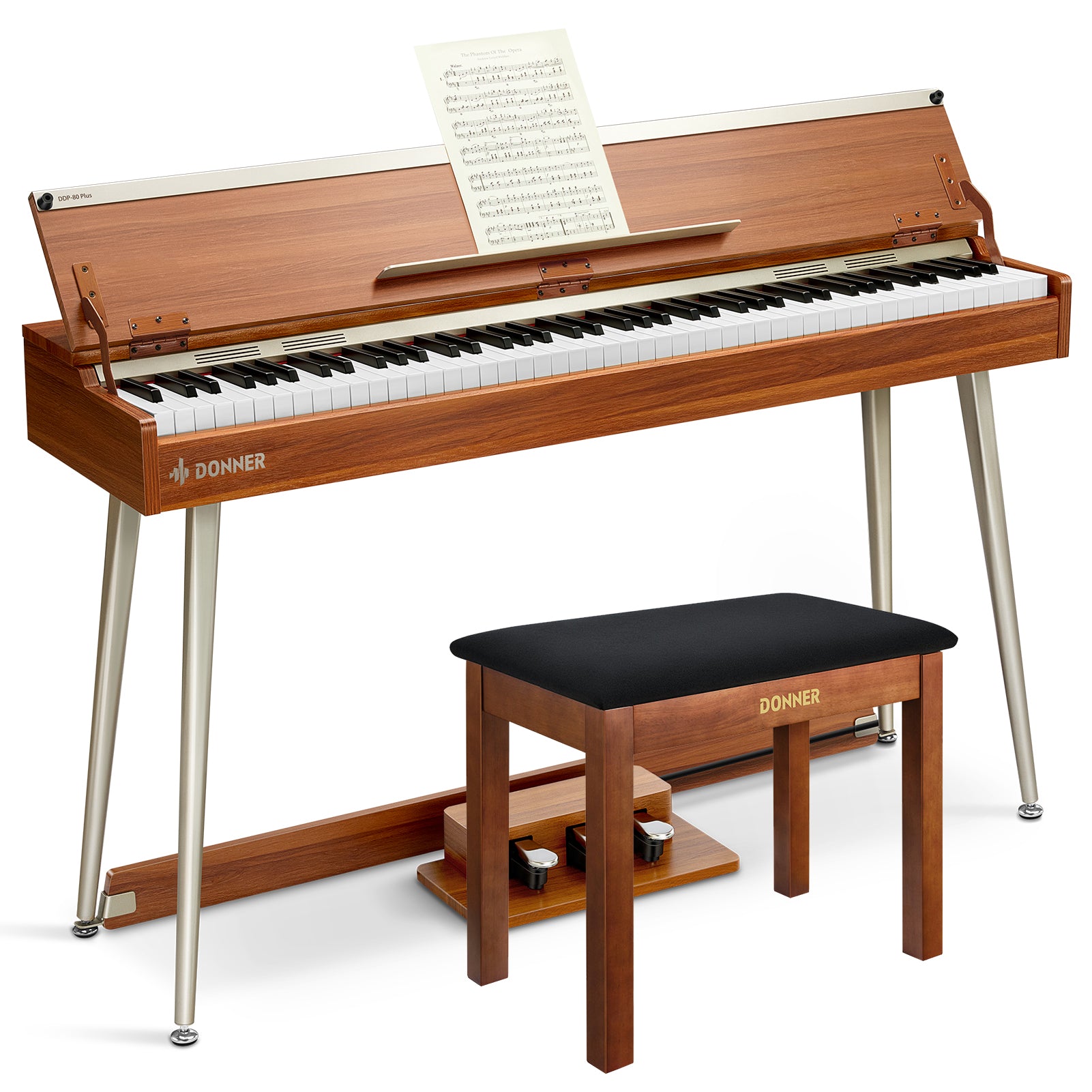 Donner DDP-80 Plus Epiano Keyboard Holzstil Digitalpiano, Piano + Brauner Klavierbank von Donner