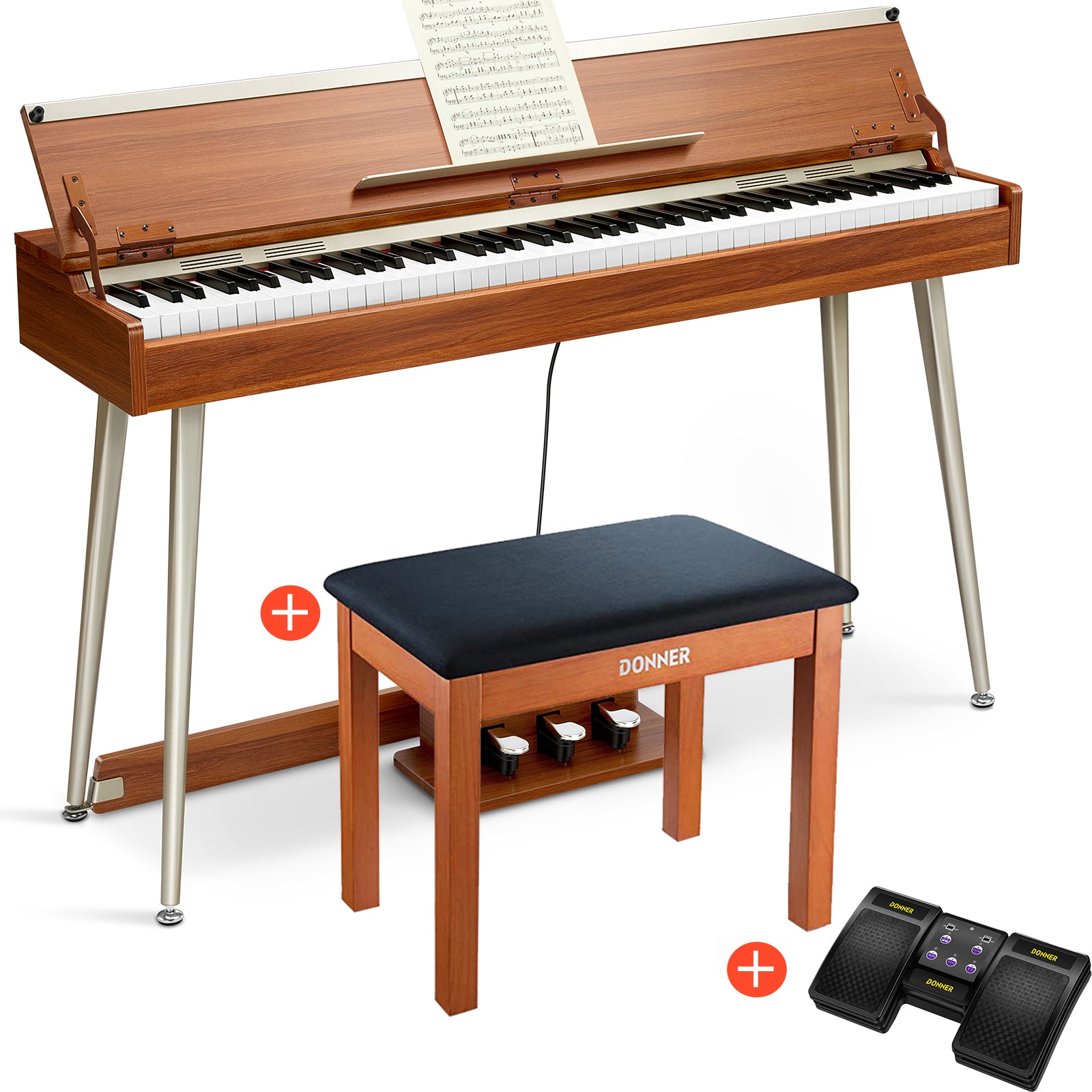 Donner DDP-80 Plus Epiano Keyboard Holzstil Digitalpiano, Piano + Klavierbank + Page Turner von Donner