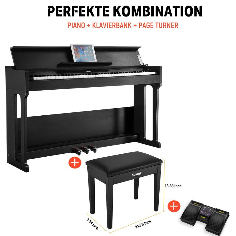 Donner DDP-90 Home Digitalpiano mit 88 Tasten, Piano + Klavierhocker + Page Turner von Donner