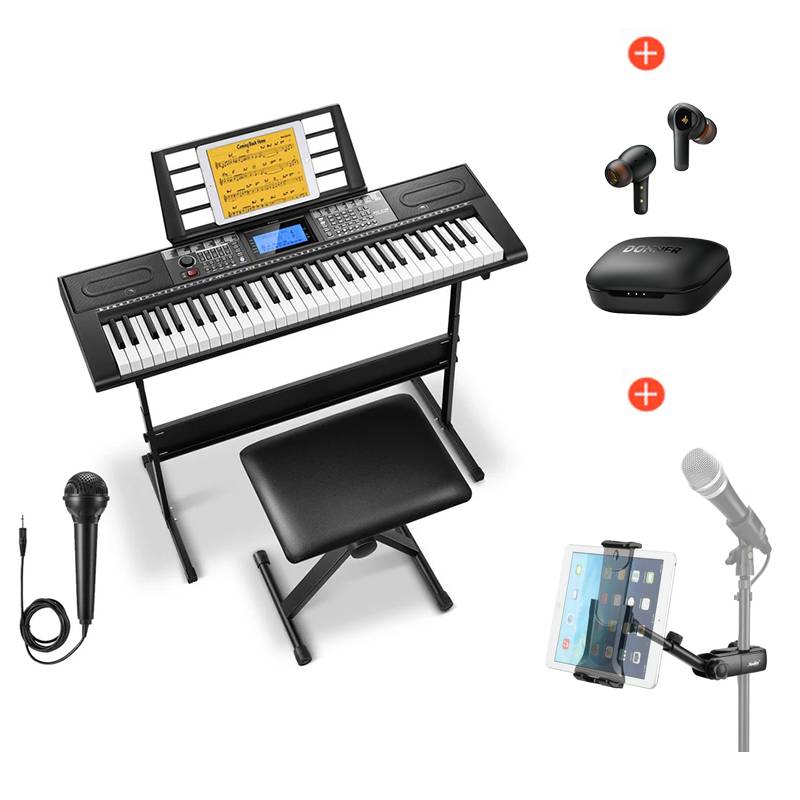 Donner DEK-610s Home Keyboards 61 Tasten Elektronisches Keyboard, Schwarz+ Free Kopfhörer + Free Mikrofonständer von Donner