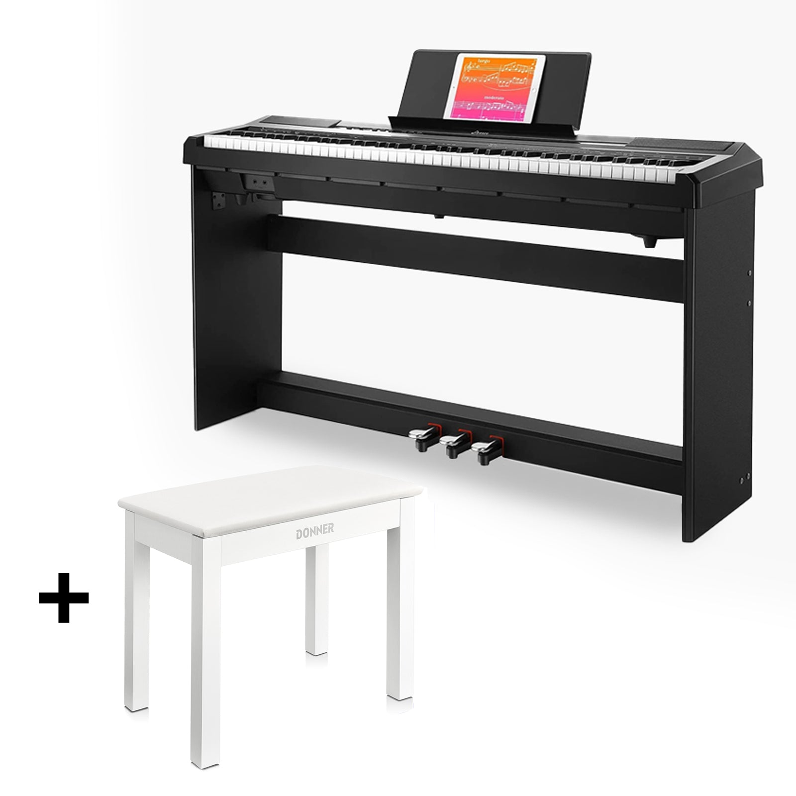 Donner DEP-10S Epiano Keyboard mit 88 halbgewichteten Tasten Set Digitalpiano, Piano + Weißer Klavierhocker von Donner