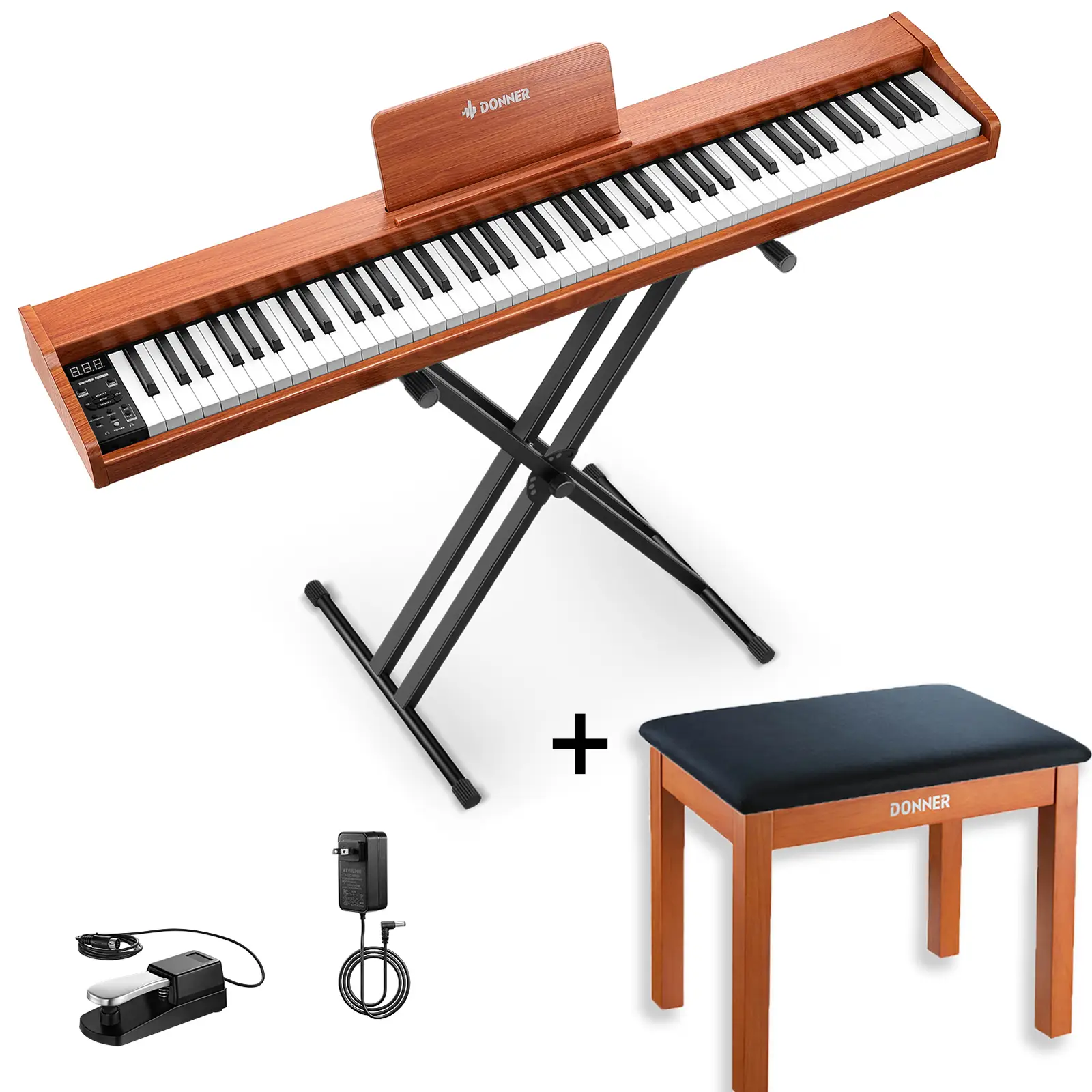 Donner DEP-1S Digitalpiano Halbgewichtete E-Piano Tastatur im Holzstil, Piano + Hölzerner Klavierbank von Donner