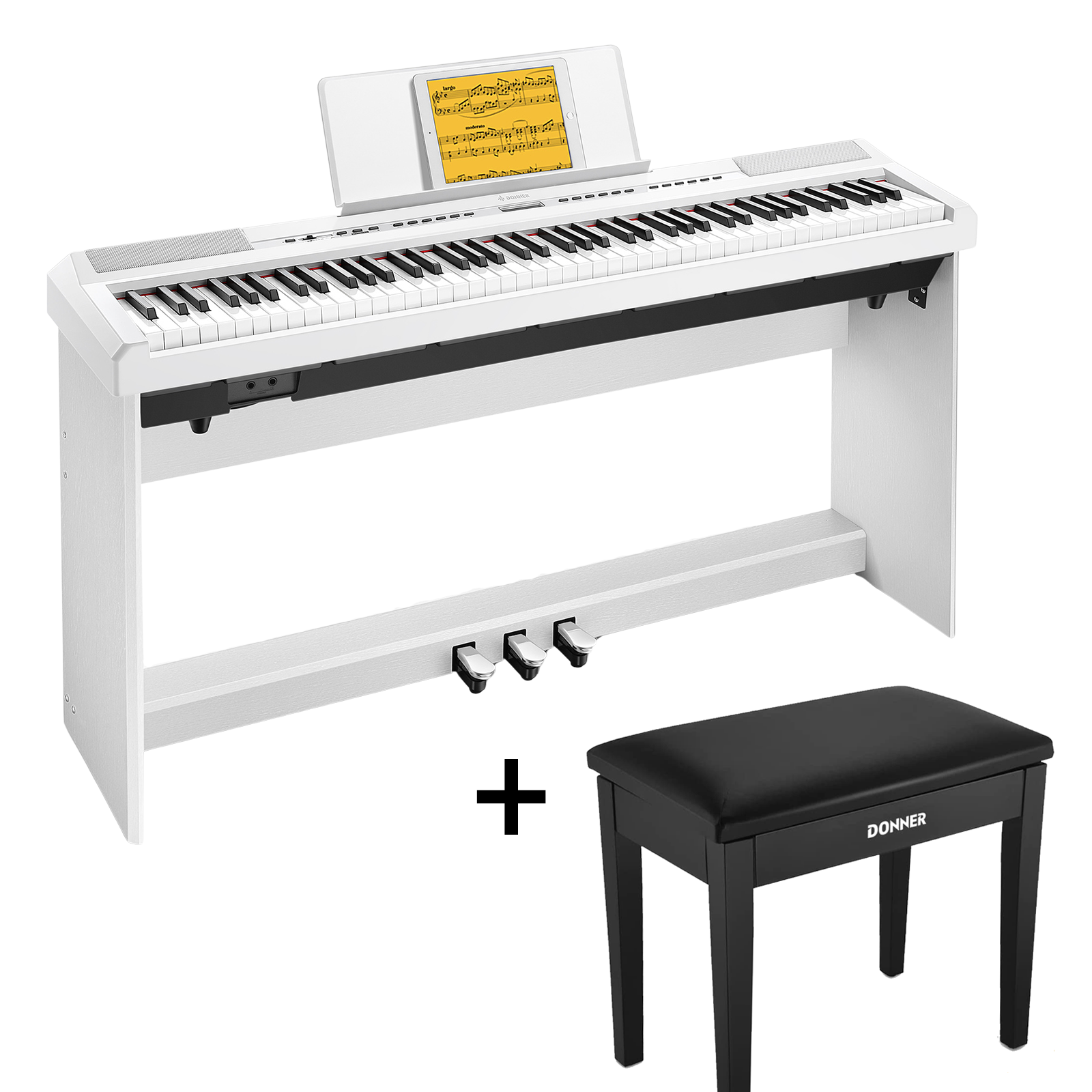 Donner DEP-20 E-Piano 88 Tasten Hammermechanik Gewichteten Anfänger Klavier Digital Piano - Weiß / E-Piano + Schwarzer Klavierhocker von Donner