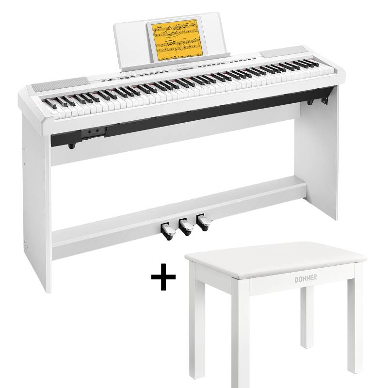 Donner DEP-20S E-Piano 88 Epiano Keyboard Hammermechanik Gewichteten Anfänger Digital Piano, Weiß / E-Piano + Weißer Klavierhocker von Donner