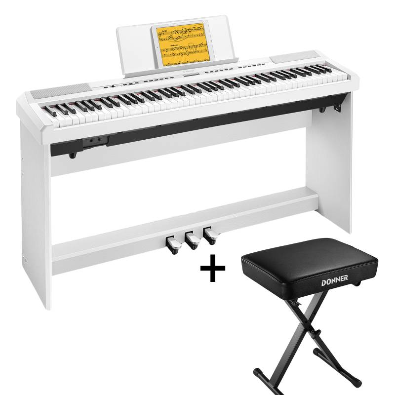 Donner DEP-20S E-Piano 88 Epiano Keyboard Hammermechanik Gewichteten Anfänger Digital Piano, Weiß / E-Piano + X-Förmig Klavierhocker von Donner