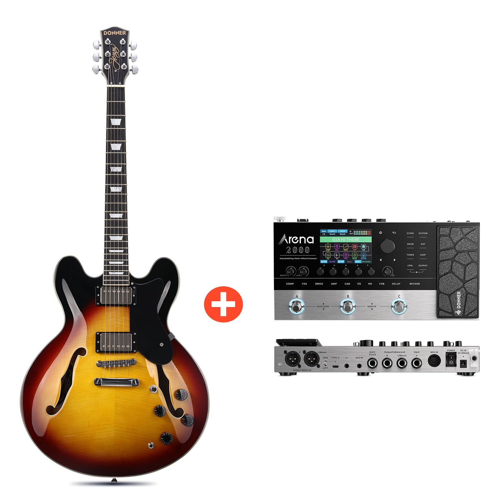 Donner DJP-1000 Jazz-E-Gitarre, DJP-1000B / Gitarre + Arena 2000 Pedal von Donner