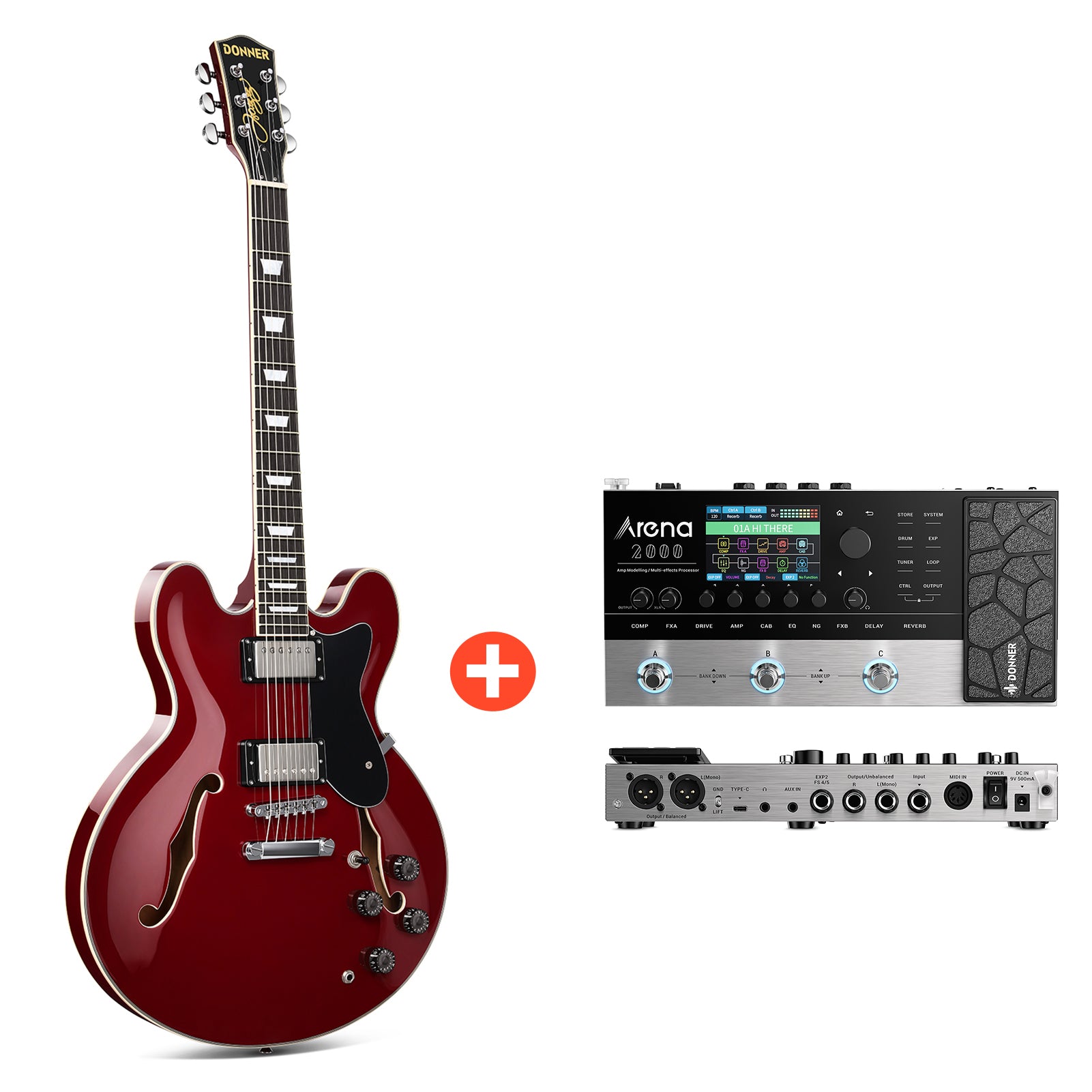 Donner DJP-1000 Jazz-E-Gitarre, DJP-1000R / Gitarre + Arena 2000 Pedal von Donner