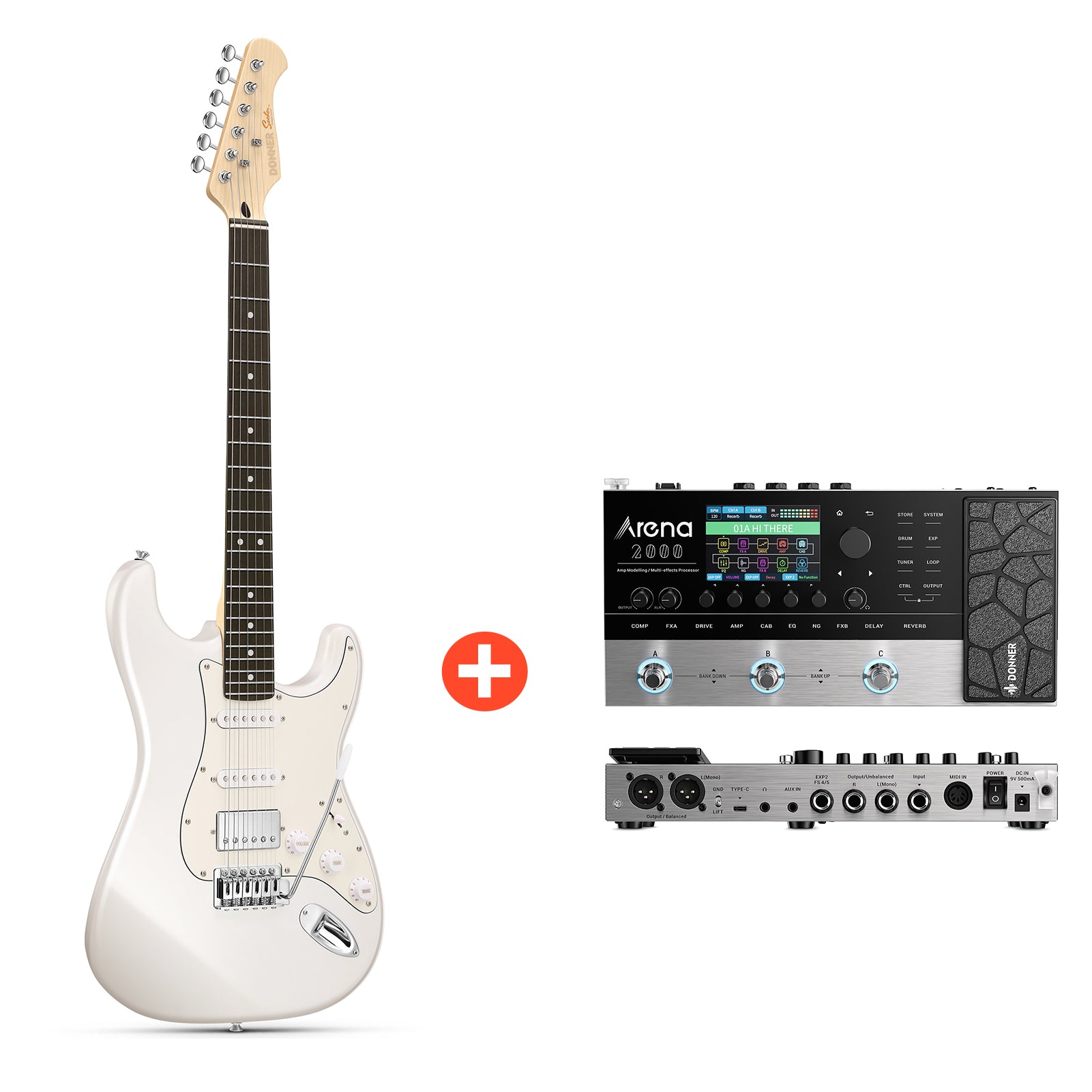 Donner DST-152 E-Gitarre Einsteiger Set ST Type 39 Zoll, DST-152W / Gitarre + Arena 2000 Pedal von Donner