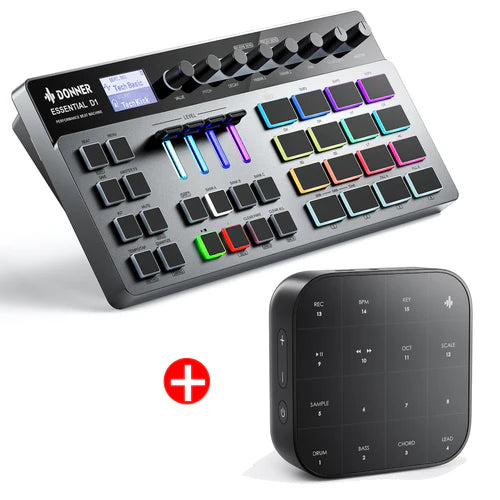 Donner Essential D1 Beat Machine Drumcomputer Tragbare elektronische Drum Maschine mit Effekten, D1+MEDO von Donner