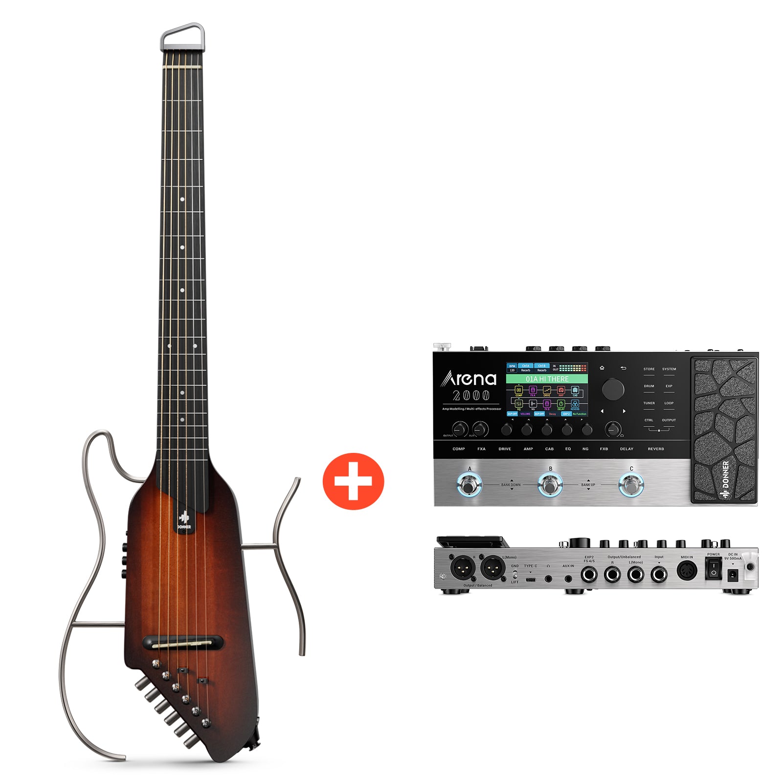 Donner HUSH-I Tragbare Reisegitarre Leise Leichtgewicht, Sunburst / Gitarre + Arena 2000 Pedal von Donner