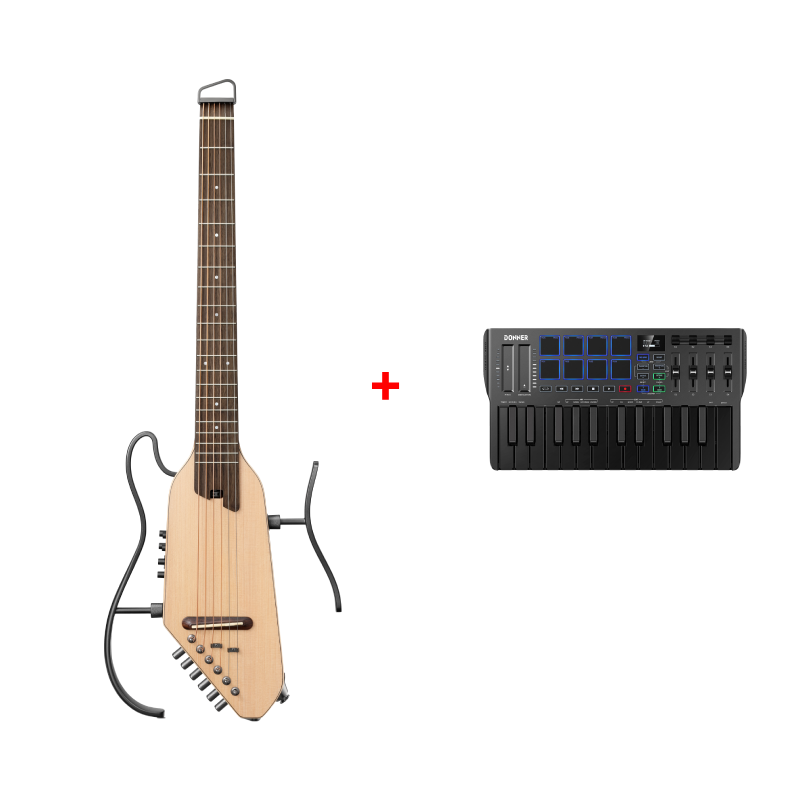 Donner HUSH-I Pro Gitarre Multi-Sound-Modus Tragbare Reisegitarre, Natürlich / Gitarre + Kostenlos DMK-25 Pro【Limitiert auf 20 Stück】 von Donner