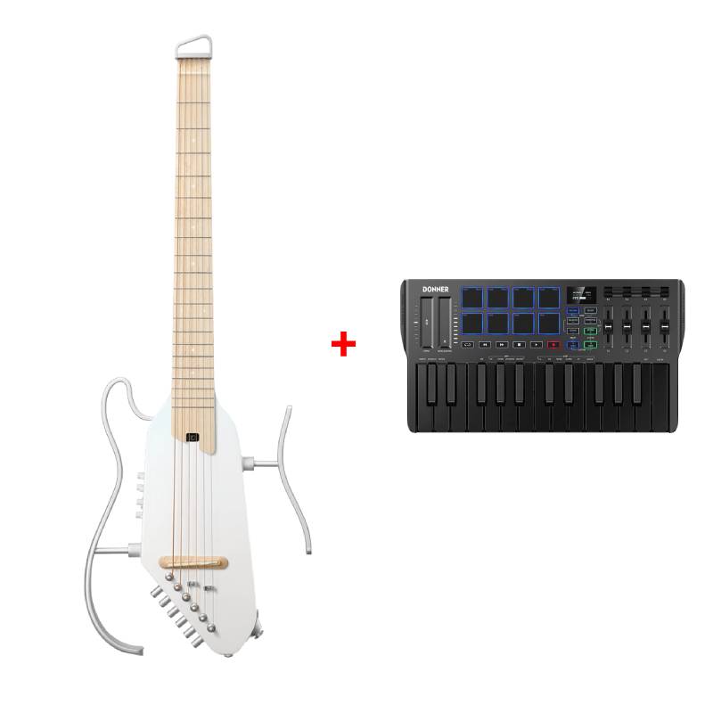 Donner HUSH-I Pro Gitarre Multi-Sound-Modus Tragbare Reisegitarre, Weiß / Gitarre + Kostenlos DMK-25 Pro【Limitiert auf 20 Stück】 von Donner