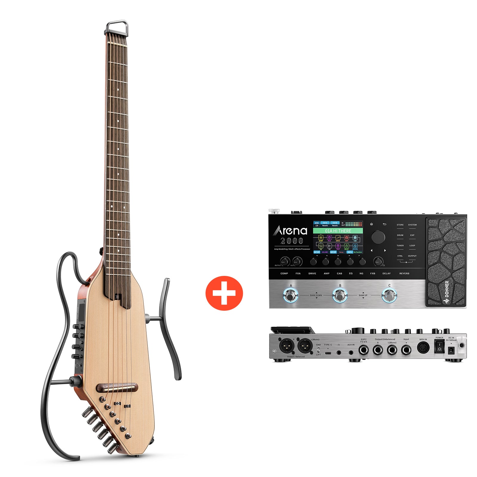 Donner HUSH-I Pro Gitarre Multi-Sound-Modus Tragbare Reisegitarre, Natürlich / Gitarre + Arena 2000 Pedal von Donner