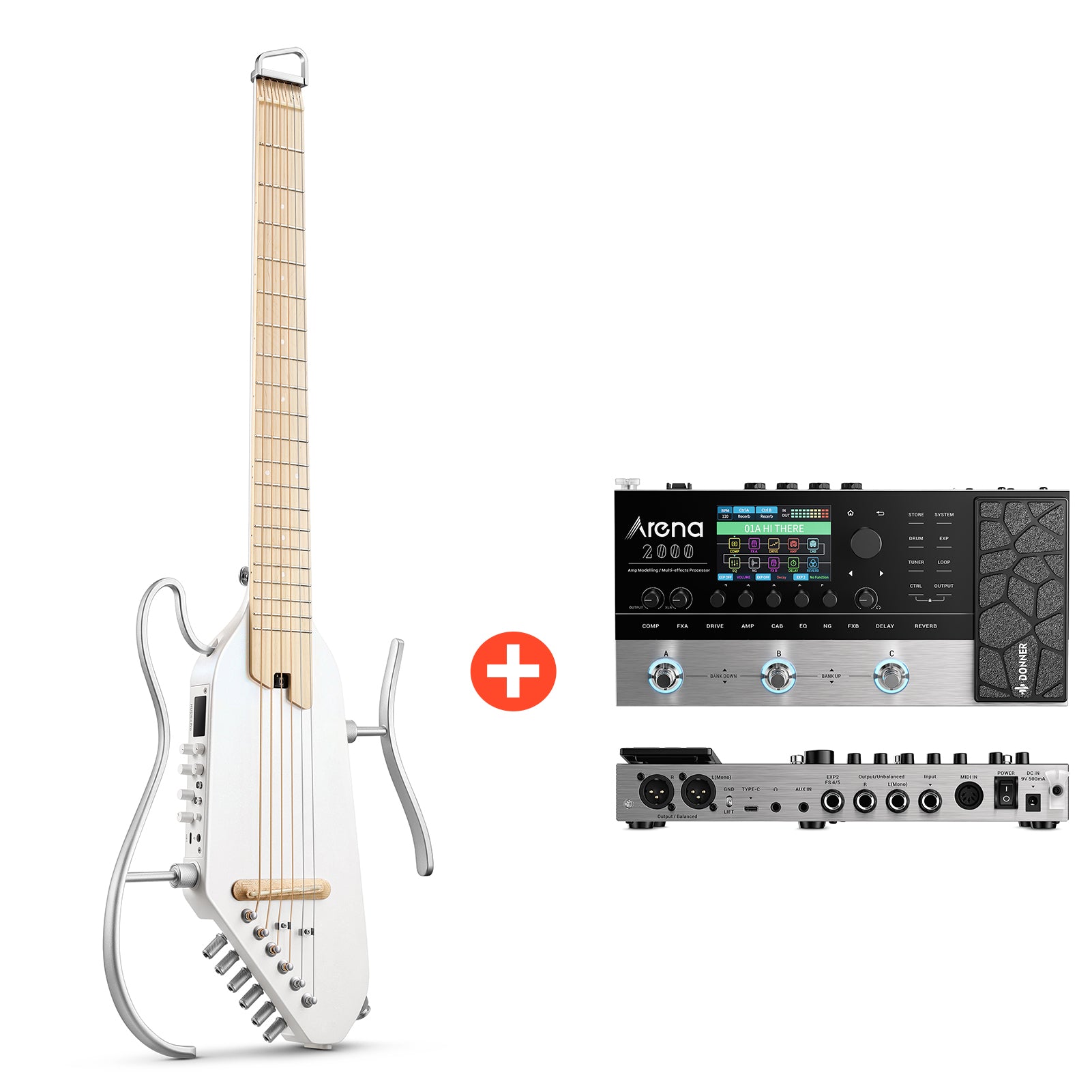 Donner HUSH-I Pro Gitarre Multi-Sound-Modus Tragbare Reisegitarre, Weiß / Gitarre + Arena 2000 Pedal von Donner