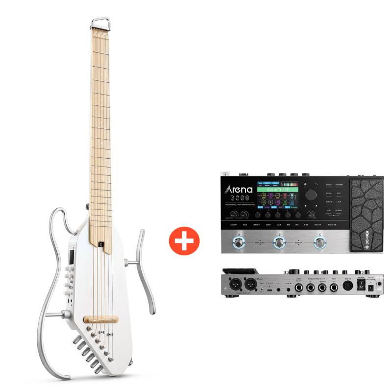 Donner HUSH-I Pro Gitarre Multi-Sound-Modus Tragbare Reisegitarre - Weiß / Gitarre + Arena 2000 Pedal von Donner