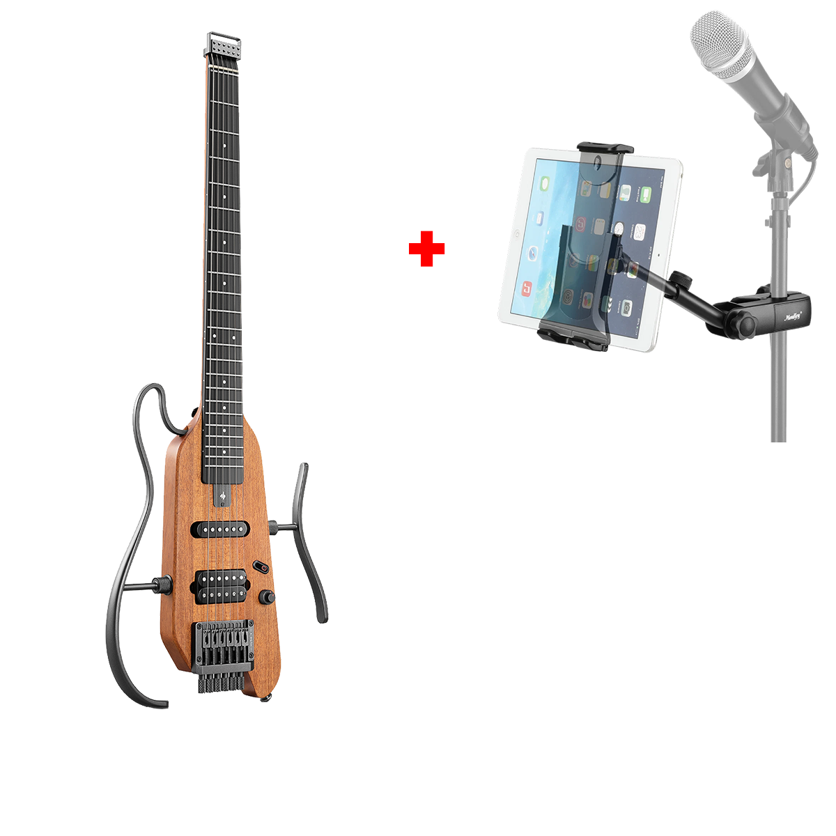 Donner HUSH-X E-Gitarre Traveler Gitarre Ultra-Light für Unterwegs, Natürlich / Gitarre + kostenlos Mic Ständer Halterung von Donner