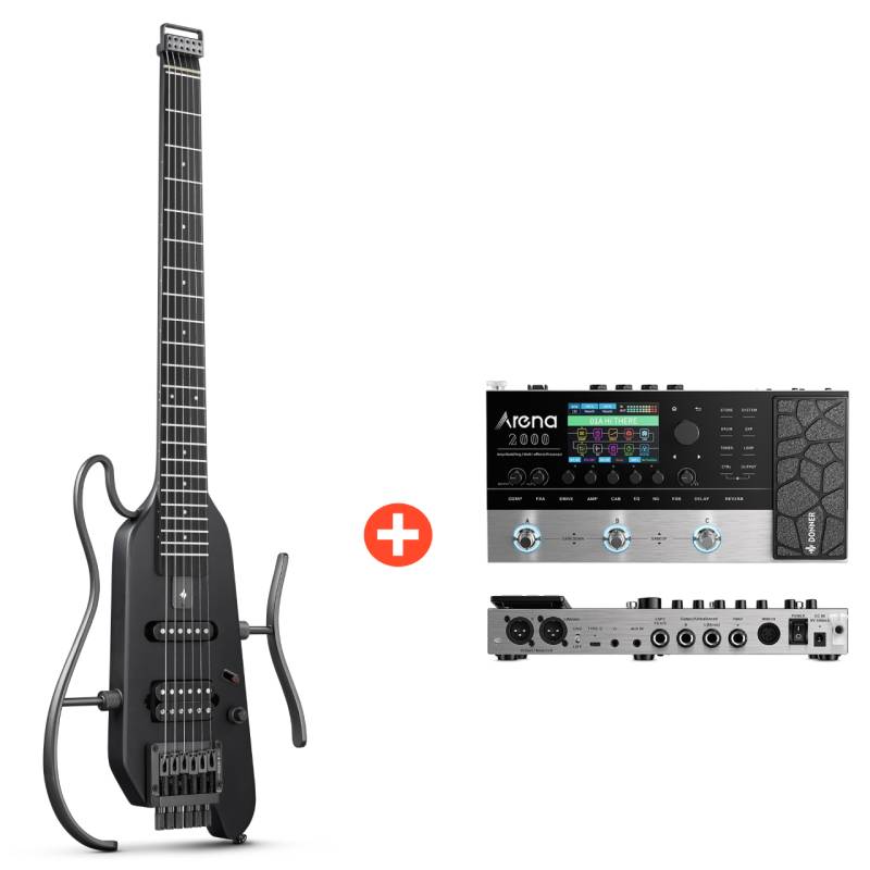 Donner HUSH-X E-Gitarre Traveler Gitarre Ultra-Light für Unterwegs, Schwarz / Gitarre + Arena 2000 Pedal von Donner