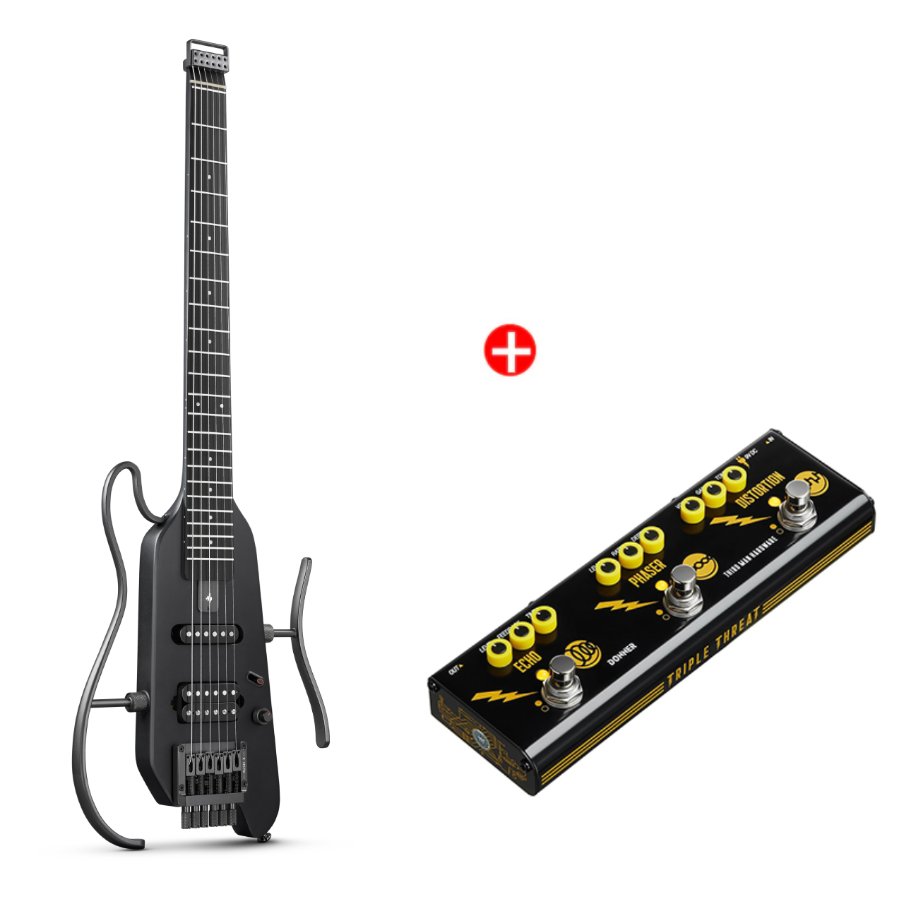 Donner HUSH-X E-Gitarre Traveler Gitarre Ultra-Light für Unterwegs, Schwarz / Gitarre + JW Pedal von Donner