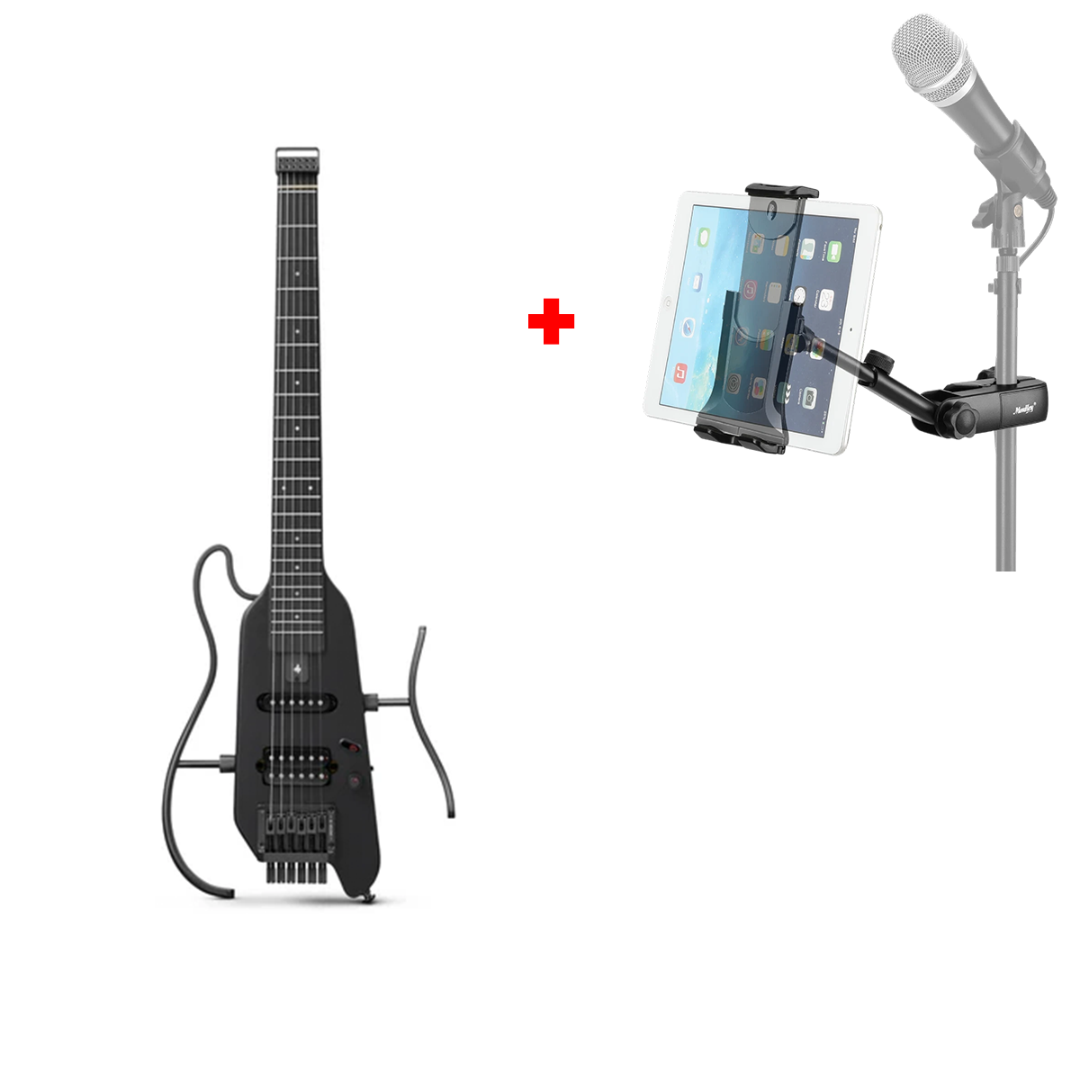 Donner HUSH-X E-Gitarre Traveler Gitarre Ultra-Light für Unterwegs, Schwarz / Gitarre + kostenlos Mic Ständer Halterung von Donner