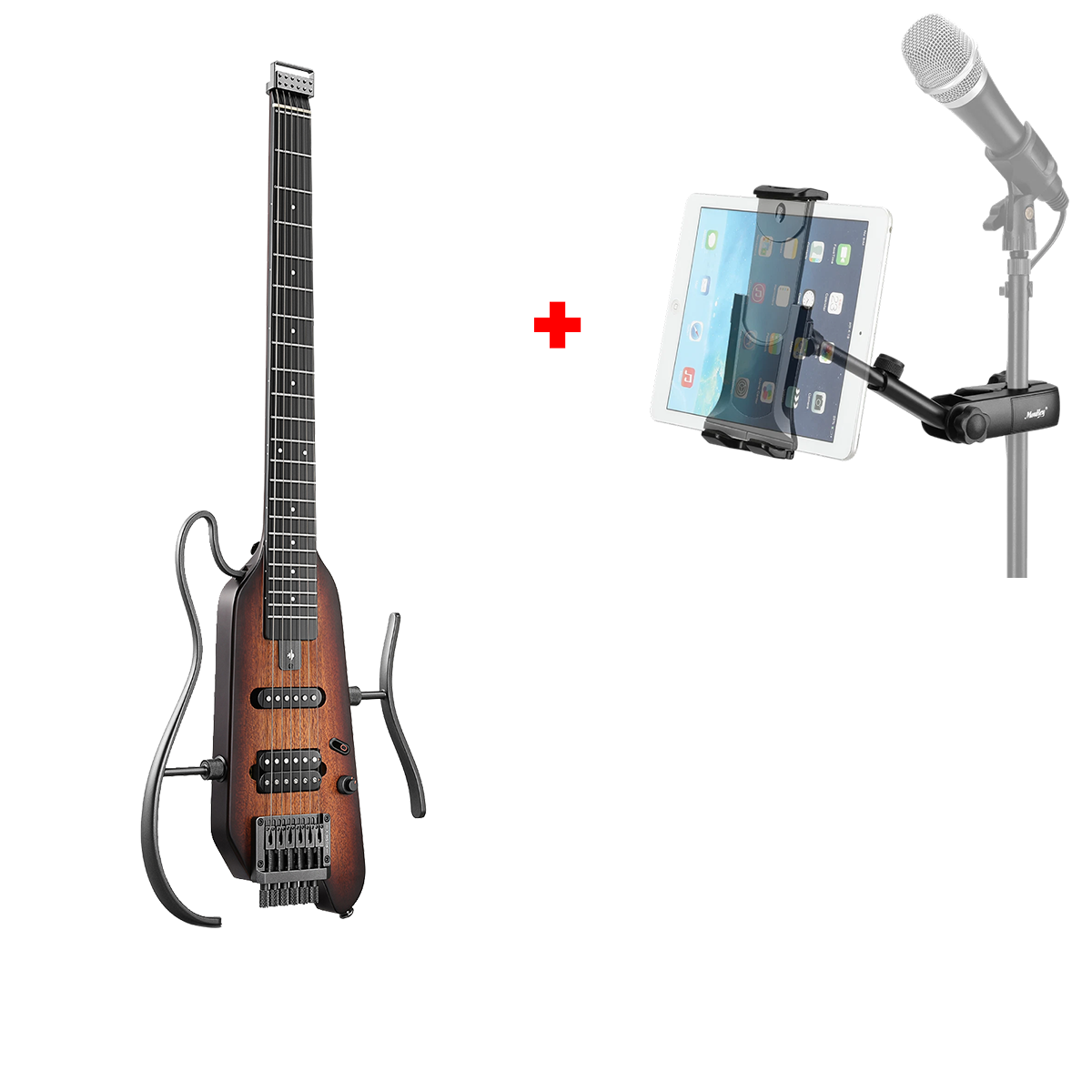 Donner HUSH-X E-Gitarre Traveler Gitarre Ultra-Light für Unterwegs, Sunburst / Gitarre + kostenlos Mic Ständer Halterung von Donner