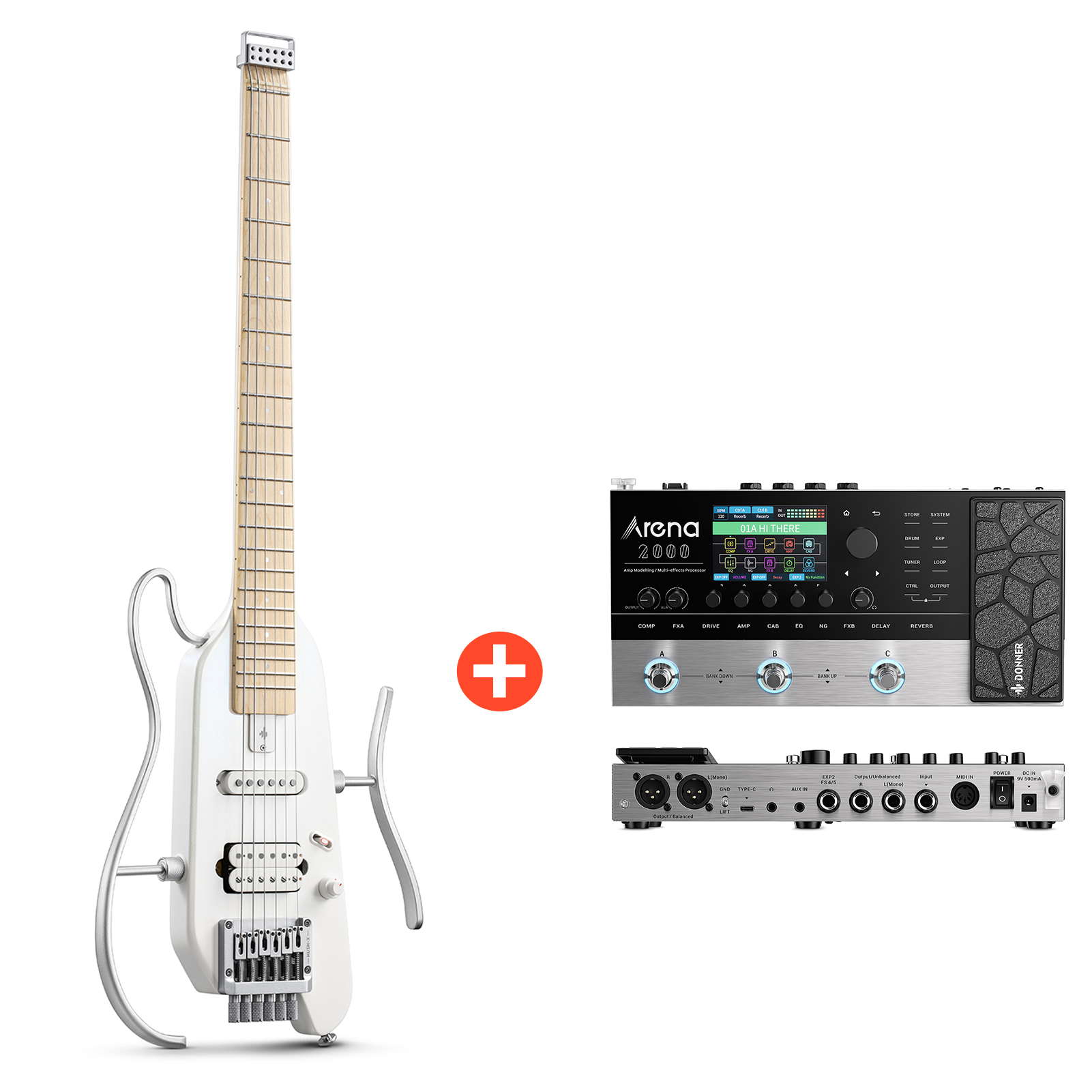 Donner HUSH-X E-Gitarre Traveler Gitarre Ultra-Light für Unterwegs, Weiß / Gitarre + Arena 2000 Pedal von Donner