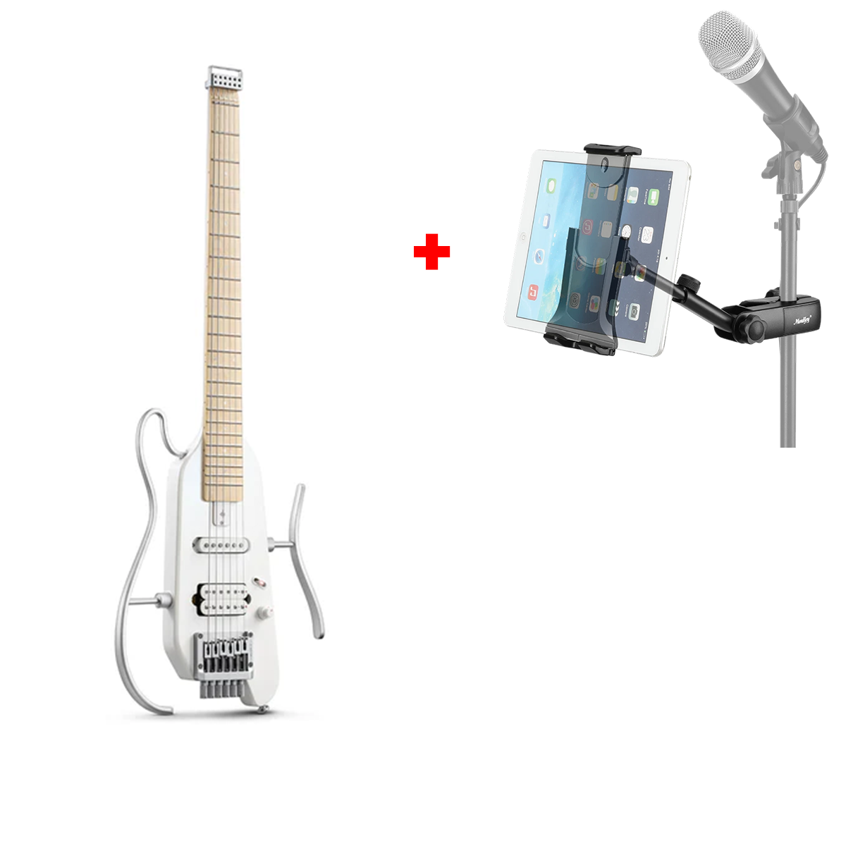 Donner HUSH-X E-Gitarre Traveler Gitarre Ultra-Light für Unterwegs, Weiß / Gitarre + kostenlos Mic Ständer Halterung von Donner