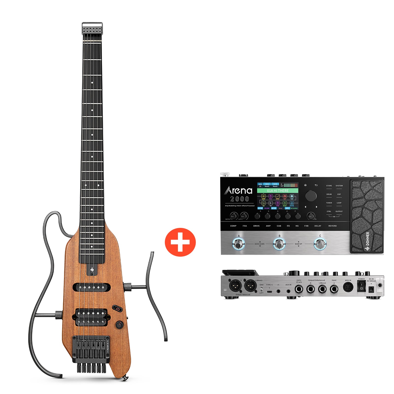 Donner HUSH-X E-Gitarre Traveler Gitarre Ultra-Light für Unterwegs, Natürlich / Gitarre + Arena 2000 Pedal von Donner