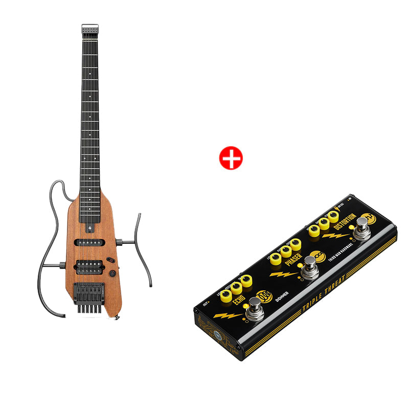 Donner HUSH-X E-Gitarre Traveler Gitarre Ultra-Light für Unterwegs, Natürlich / Gitarre + JW Pedal von Donner