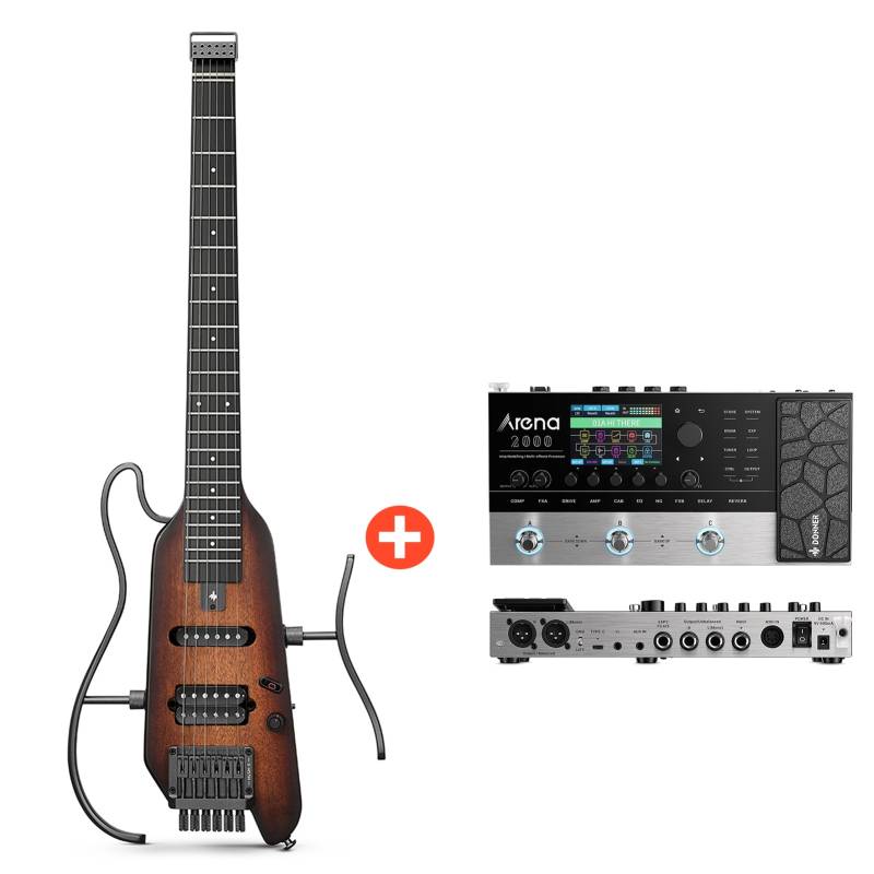 Donner HUSH-X E-Gitarre Traveler Gitarre Ultra-Light für Unterwegs, Sunburst / Gitarre + Arena 2000 Pedal von Donner