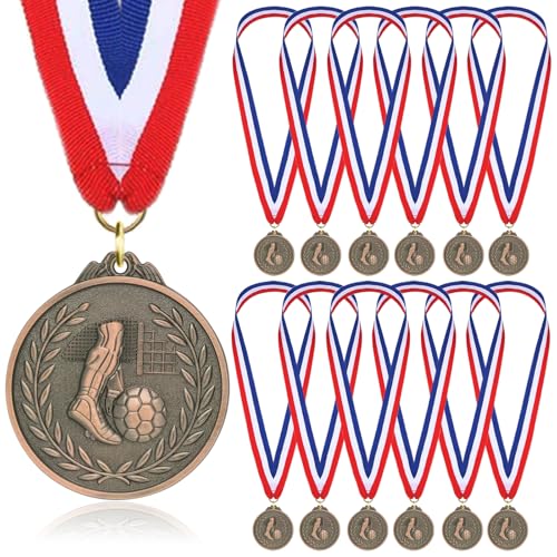 Fußballmedaillen für Kinder, Bronze-Metallmedaille mit dreifarbigem Nylonband, Fußball-Partygeschenke für Jungen, Kinder, Erwachsene, 12 Stück von Donrime