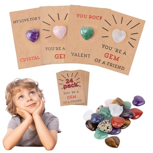 Donubiiu 24 Pack Valentines Cards with Heart-Shape Crystal Stones, Valentines Day Gifts for Kids, Valentines Gift Cards for Kids School Class Classroom (1set) von Donubiiu