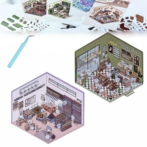 Donubiiu 4 Sets DIY 3D House Stickers, DIY Stickers Scene Make Your Own Supermarket|Coffee Shop|Restaurant|Bookstore, Scene Stickers 3D for Adult Kids (2PCS-A) von Donubiiu