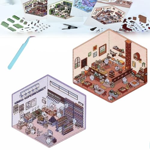 Donubiiu 4 Sets DIY 3D House Stickers, DIY Stickers Scene Make Your Own Supermarket|Coffee Shop|Restaurant|Bookstore, Scene Stickers 3D for Adult Kids (2PCS-C) von Donubiiu