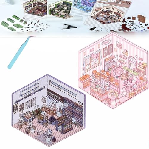 Donubiiu 4 Sets DIY 3D House Stickers, DIY Stickers Scene Make Your Own Supermarket|Coffee Shop|Restaurant|Bookstore, Scene Stickers 3D for Adult Kids (2PCS-D) von Donubiiu