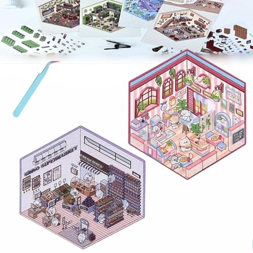 Donubiiu 4 Sets DIY 3D House Stickers, DIY Stickers Scene Make Your Own Supermarket|Coffee Shop|Restaurant|Bookstore, Scene Stickers 3D for Adult Kids (2PCS-E) von Donubiiu