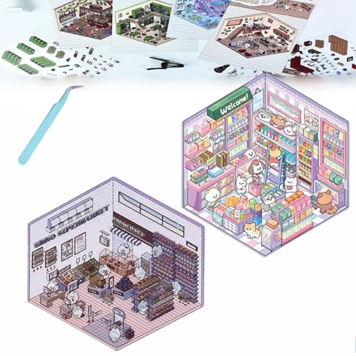 Donubiiu 4 Sets DIY 3D House Stickers, DIY Stickers Scene Make Your Own Supermarket|Coffee Shop|Restaurant|Bookstore, Scene Stickers 3D for Adult Kids (2PCS-F) von Donubiiu