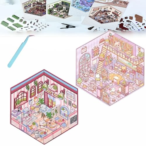 Donubiiu 4 Sets DIY 3D House Stickers, DIY Stickers Scene Make Your Own Supermarket|Coffee Shop|Restaurant|Bookstore, Scene Stickers 3D for Adult Kids (2PCS-I) von Donubiiu