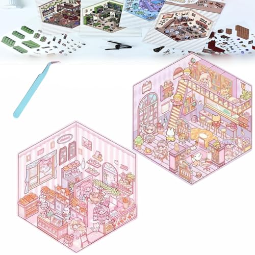 Donubiiu 4 Sets DIY 3D House Stickers, DIY Stickers Scene Make Your Own Supermarket|Coffee Shop|Restaurant|Bookstore, Scene Stickers 3D for Adult Kids (2PCS-K) von Donubiiu