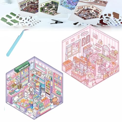 Donubiiu 4 Sets DIY 3D House Stickers, DIY Stickers Scene Make Your Own Supermarket|Coffee Shop|Restaurant|Bookstore, Scene Stickers 3D for Adult Kids (2PCS-L) von Donubiiu