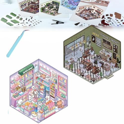 Donubiiu 4 Sets DIY 3D House Stickers, DIY Stickers Scene Make Your Own Supermarket|Coffee Shop|Restaurant|Bookstore, Scene Stickers 3D for Adult Kids (2PCS-O) von Donubiiu