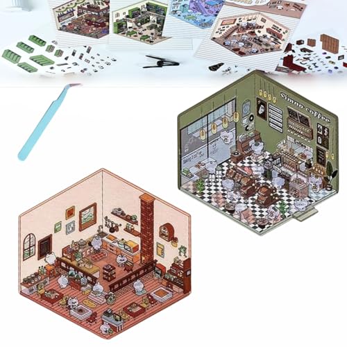 Donubiiu 4 Sets DIY 3D House Stickers, DIY Stickers Scene Make Your Own Supermarket|Coffee Shop|Restaurant|Bookstore, Scene Stickers 3D for Adult Kids (2PCS-Q) von Donubiiu