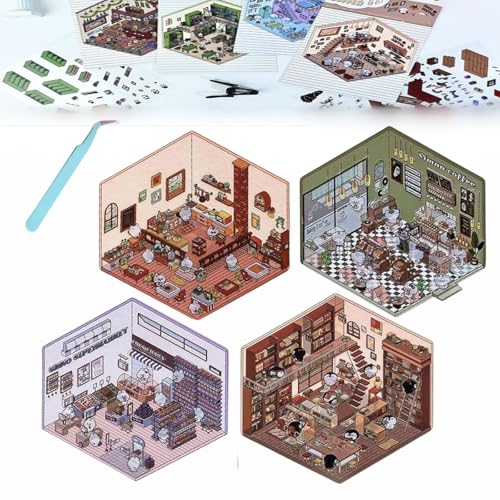 Donubiiu 4 Sets DIY 3D House Stickers, DIY Stickers Scene Make Your Own Supermarket|Coffee Shop|Restaurant|Bookstore, Scene Stickers 3D for Adult Kids (4PCS-A) von Donubiiu